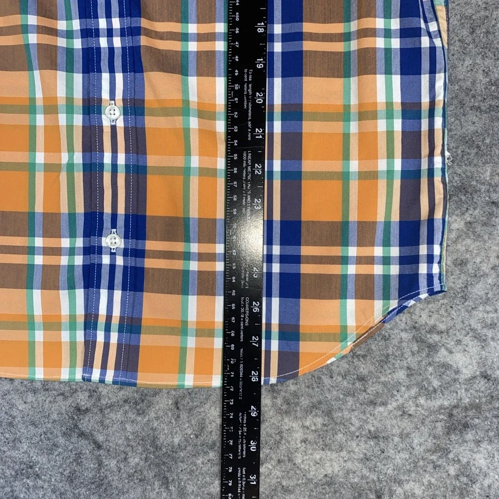 J. Crew Button Up‎ Shirt Men's Blue & Orange Plaid Slim Untucked Stretch Cotton